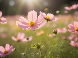 pink cosmos flowers in the field close-up view bathed in soft sunlight blooming in spring or summer