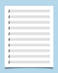 Blank sheet music manuscript paper with treble clef. Ideal for any musician, composer or songwriter.
