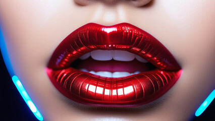 Girl's lips with red glossy lipstick. Sexy Lips. - obrazy, fototapety, plakaty