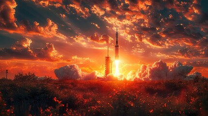 sunset over the river, explore the concept of striking image featuring a spectacular rocket launch at sunrise - obrazy, fototapety, plakaty