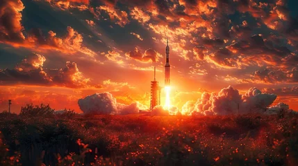 Photo sur Plexiglas Nasa sunset over the river, explore the concept of striking image featuring a spectacular rocket launch at sunrise