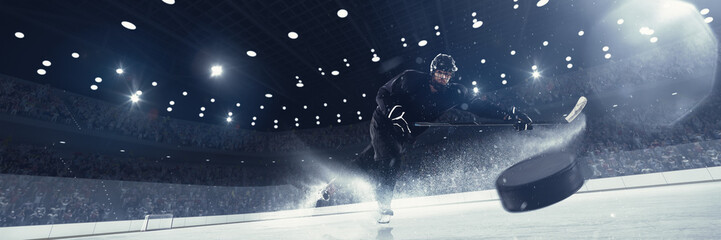 Dynamic image of competitive man, professional hockey player in uniform in motion during tournament, with puck on 3d render ice rink. Concept of sport, competition, match, game, action, tournament - obrazy, fototapety, plakaty