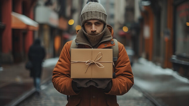 A person in winter attire holds a tied parcel on a cold city day, conveying warmth and care in gift-giving