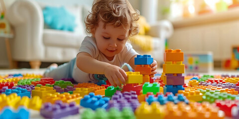 A cute, playful baby girl builds with colorful bricks in the playroom.