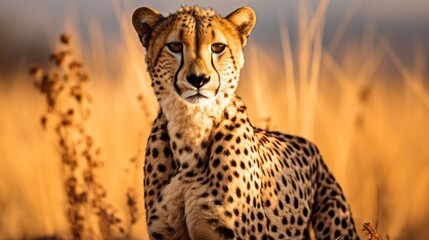 A cheetah is standing in tall grass, looking at the camera