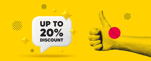 Hand showing thumb up like sign. Up to 20 percent discount. Sale offer price sign. Special offer symbol. Save 20 percentages. Discount tag chat box 3d message. Grain dots hand. Vector