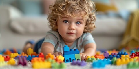 An adorable, curly-haired infant boy plays with colorful building blocks in the playful playroom.