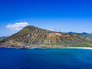 Aerial view of Koko Crater and the East Coast shoreline cliffs on the island of O'ahu in Hawaii