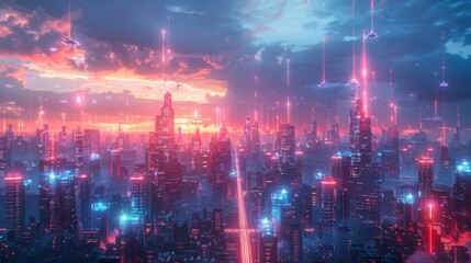 A bustling, neon-lit futuristic cityscape at twilight, with secure, glowing mobile access points floating above the streets, symbolizing passwordless access in urban life.