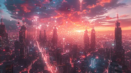 A bustling, neon-lit futuristic cityscape at twilight, with secure, glowing mobile access points floating above the streets, symbolizing passwordless access in urban life. - obrazy, fototapety, plakaty