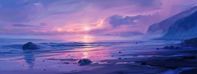 A calm, coastal scene at sunset with pastel colors and a quiet sea.
