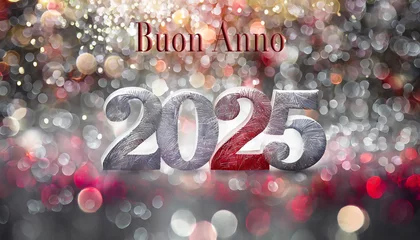 Fotobehang cartolina o banner per augurare un felice anno nuovo 2025 in argento e rosso su sfondo rosso e argento con effetto bokeh © emmanuel