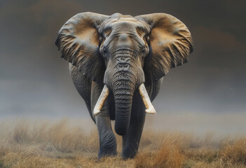 Fototapeta premium Elephant walking in the savannah with big ears and tusks