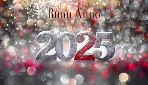 cartolina o banner per augurare un felice anno nuovo 2025 in argento e rosso su sfondo rosso e argento con effetto bokeh