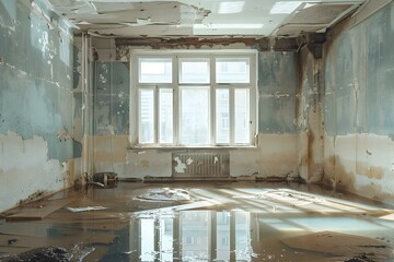 Photo of a flooded room in an abandoned house possibly due to climate change or a burst water pipe. Concept Abandoned House, Climate Change, Flooded Room, Water Damage, Environmental Crisis - obrazy, fototapety, plakaty