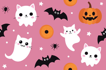 Halloween seamless pattern. Vector illustration of cute ghost cats, pumpkins, spiders and bats on a pink background. Vector cartoon seamless pattern