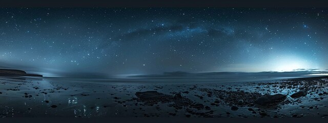 A calm, starry night sky over a deserted beach, with a faint glow of northern lights. - obrazy, fototapety, plakaty