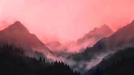 Watercolor background of a  silhouette of pink mountains in the mysterious fog