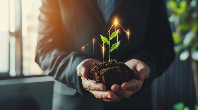 Conceptual image of a businessperson holding a plant with an upward growth graph symbolizing profit and eco-sustainability