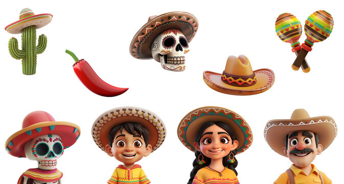 3D Render of Simple Cartoon Mexican Elements for Decoration of Cinco de Mayo and Day of the Dead, Isolated on Transparent Background, PNG