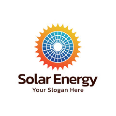 Solar energy logo design. Sun and solar panel abstract symbol. Sun power logo
