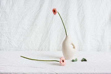 two gerbera flowers, eucalyptus leaves in white vase on white fabric background, minimalism, still...