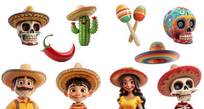 Decorative Mexican Elements for Cinco de Mayo and Day of the Dead in Simple 3D Cartoon Render, Isolated on Transparent Background, PNG