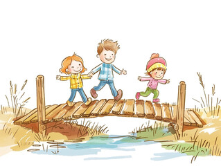 Children hand drawn, kids crossing the small wooden bridge. Happy and smile. 