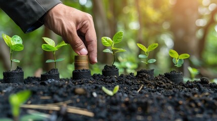 A well-dressed man planting a coin among a row of sprout plants in fertile soil, symbolizing investment and growth