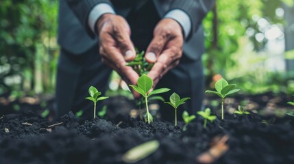 Blurred image of a businessman planting sprouts, conveys the idea of cultivating opportunity and growth - obrazy, fototapety, plakaty