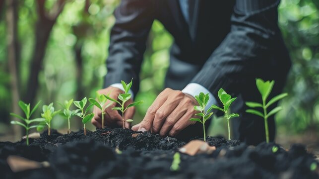 A close-up of a businessman nurturing young plants, depicting growth and investment in sustainability