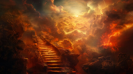 Stairway to the entrance gates of heaven or hell and underworld lake of fire.. - obrazy, fototapety, plakaty