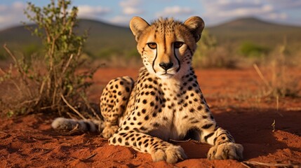 A baby cheetah is laying on the ground in a desert