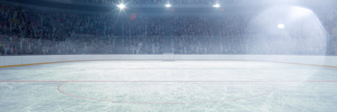 3D model of empty ice rink stadium arena for sportive competition, championship. Stadium with filled stands with sports hockey fans. Concept of sport, competition, match, game, action, tournament