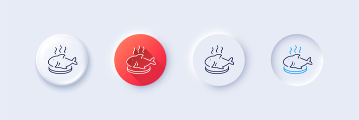Fish dish line icon. Neumorphic, Red gradient, 3d pin buttons. Seafood plate sign. Healthy food symbol. Line icons. Neumorphic buttons with outline signs. Vector
