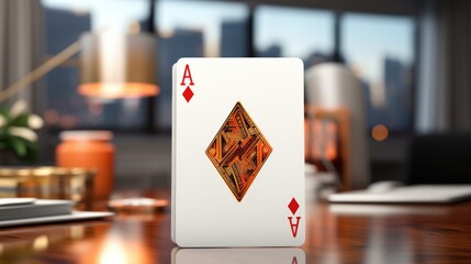 An ace of diamonds playing card stands upright on a polished office desk with a cityscape in the background