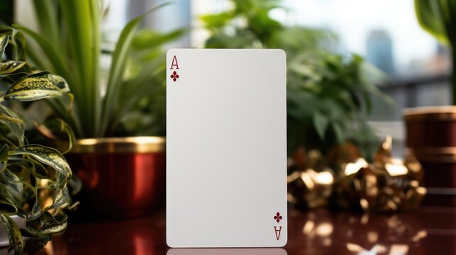 An ace of diamonds playing card stands upright on a table with indoor plants in the background