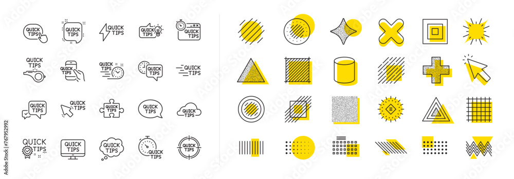 Poster set of helpful tricks, solution and quickstart guide linear icons. design shape elements. quick tips