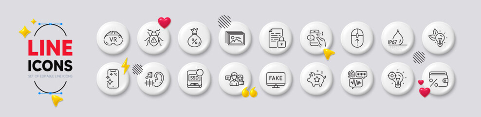 Hearing, Waterproof and Call center line icons. White buttons 3d icons. Pack of Smartphone clean, Loan, Seo idea icon. Recovery ssd, Biometric security, Eco energy pictogram. Vector