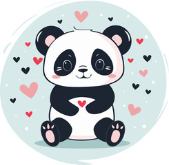 Cute baby panda. Vector illustration of happy character with hearts in cartoon style isolated on blue background.