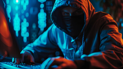A cyber criminal using computer code to hack and gain access into online systems to steal information and install malware