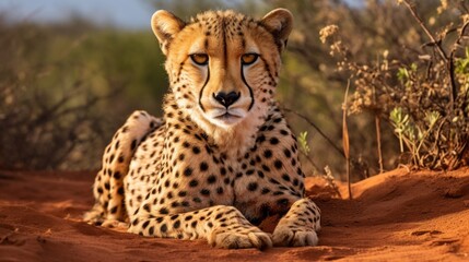 A cheetah is laying on the ground in a desert
