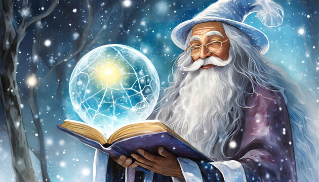 Magic wizard man holding a magical book, illustration.