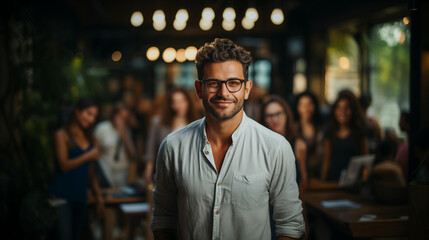 20s latino male office worker, smiling and standing in front of his co-workers, wearing glasses and white shirt. 