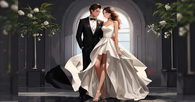 Young Romantic Couple. Bride in White Dress and Groom in Black Suit. Elegant Rich and Luxury Young People Person. Wedding Ceremony Decoration Theme. 