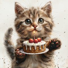 Birthday cat is holding a birthday cake. Birthday card.