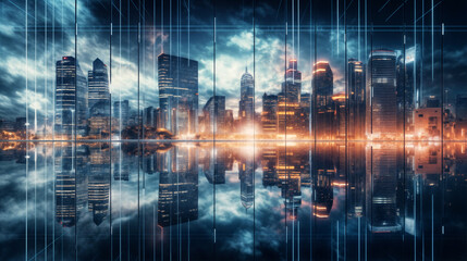 Fototapeta premium Urban cityscape with tall skyscrapers illuminated at night, their lights casting reflections in the water below