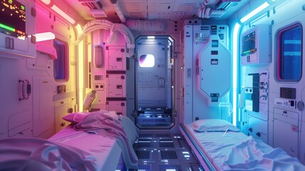 Abandoned crew quarters in a spacecraft, each personal item touched by a spectrum of rainbow light , 3D illustration - obrazy, fototapety, plakaty