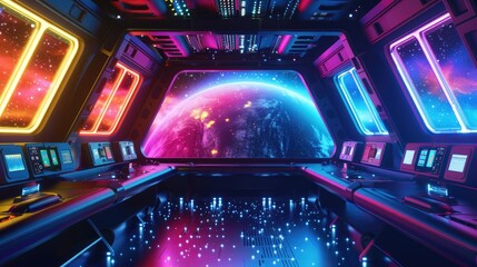 Empty observatory deck in a spacecraft, with stars outside tinting the room in a natural rainbow palette , 3D illustration - obrazy, fototapety, plakaty