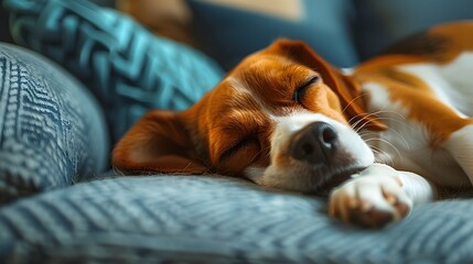 A Beagle sleeping on a sofa